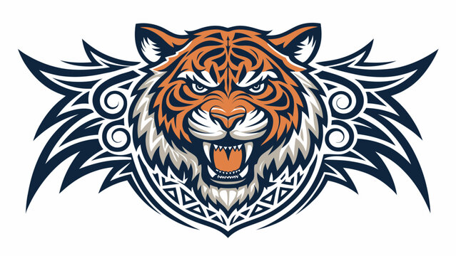 Fierce tiger head illustration with tribal wings and geometric patterns aggressive snarling expression big cat spirit animal wildlife geometric illustration aggressive snarling mouth open