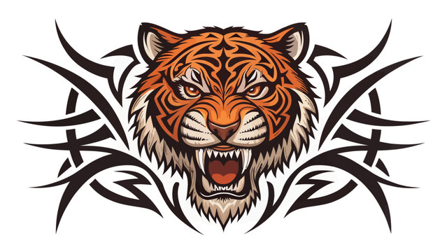 Stylized tiger face with tribal art elements and sharp fangs intense aggressive stare big cat spirit animal illustration stylized aggressive mouth open predator powerful creature ferocious