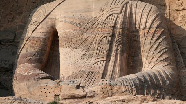 The old big sculptures view carved on the hill near Datong city in China for the buddhism reason
