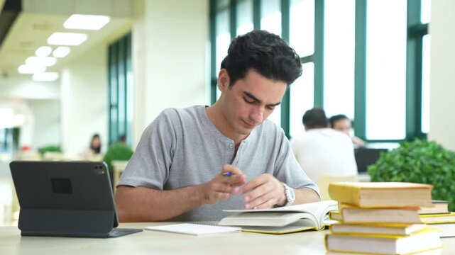 Young Caucasian male student reading a textbook and writing notes on notebook in university library. Teenage guy using a digital tablet and studying for an exam. Education concept.