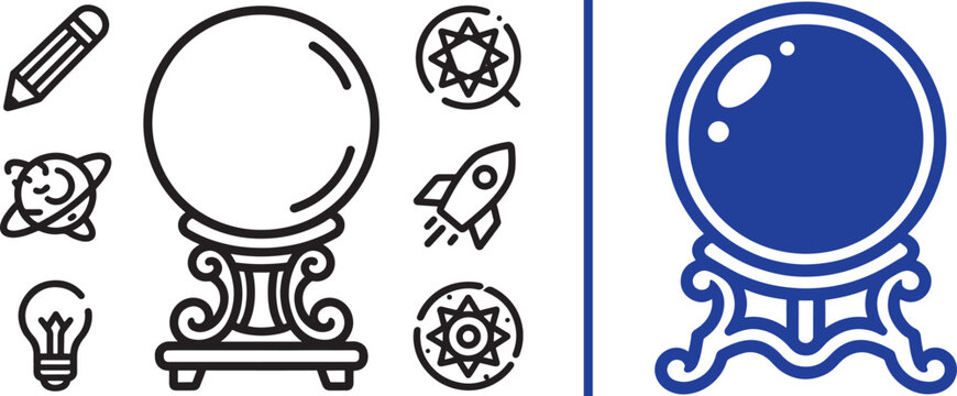 Crystal ball vector icons in outline and blue filled styles with creative business symbols including rocket lightbulb and pencil for future planning and innovation