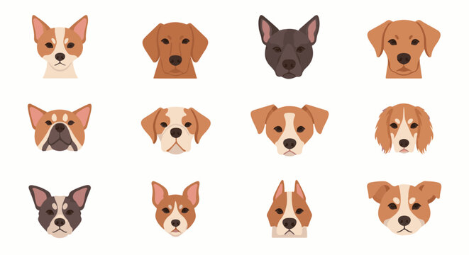 Collection of twelve pixelated dog face illustrations in a grid format