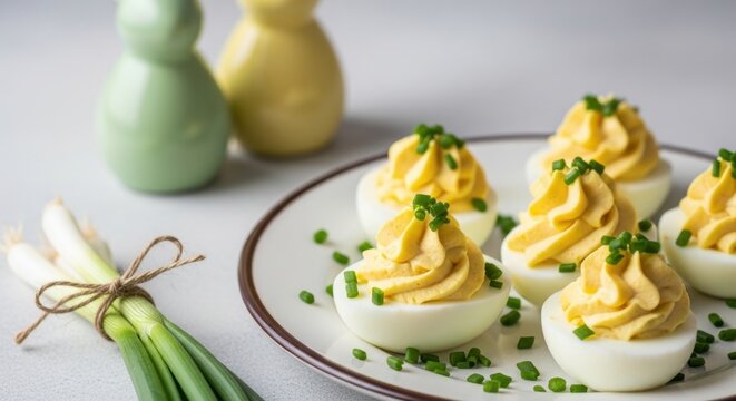 Creamy Deviled Eggs with Chives on a White Plate, a Delicious Appetizer for Parties and Gatherings