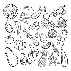 Fototapeta premium Healthy fresh fruits and vegetables doodle collection organic food sketch