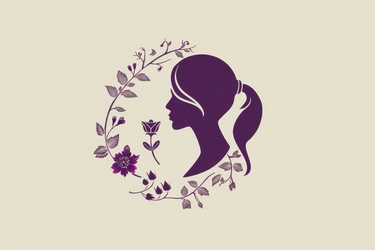 Elegant purple woman profile silhouette logo in a floral wreath on a cream background, ideal for beauty salon branding, wellness spa identity, organic cosmetics, and luxury packaging.