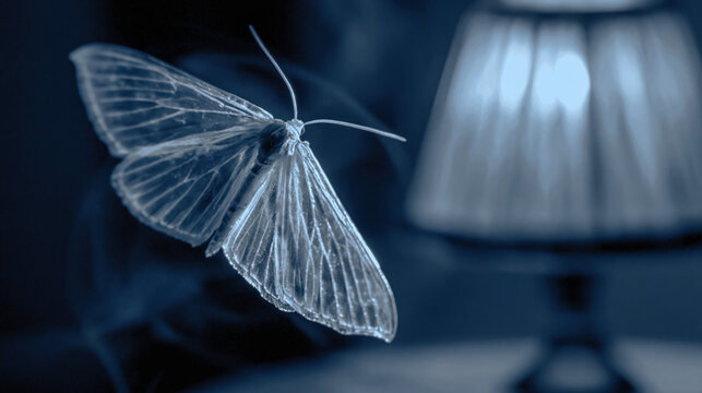 Jelly moth drawn to glowing lamp in moody blue darkness symbolizing longing and light