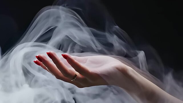 Female hand with red nails and gold ring held open in white smoke. Swirling vapor surrounds the palm on a dark background. Elegant magic or luxury concept for beauty and wellness ads.