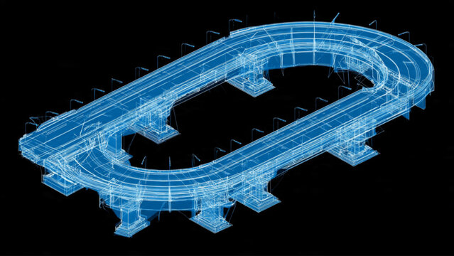 Futuristic stadium blueprint in blue digital wireframe for urban planning and infrastructure