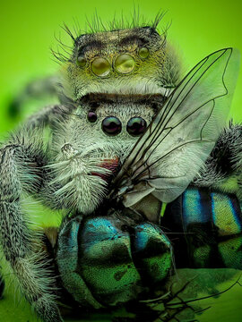 Extreme macro photography of a jumping spider (Phidippus) eating a green blowfly prey