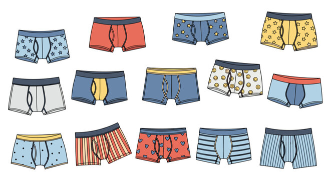 Colorful collection of men's boxer briefs with various fun patterns including stars, stripes, and heart shapes.