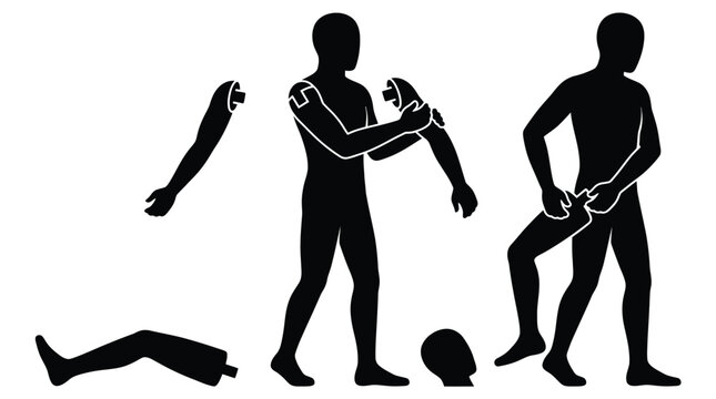 Silhouette illustration showing a human figure assembling modular body parts like a customizable robotic mannequin toy