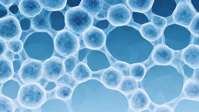 Microscopic view of blue cell structures with spherical shapes and interconnected network