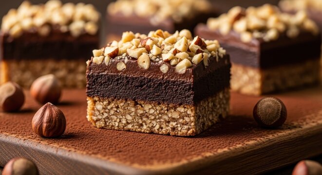 Decadent Chocolate Hazelnut Dessert Slice Topped with Chopped Nuts