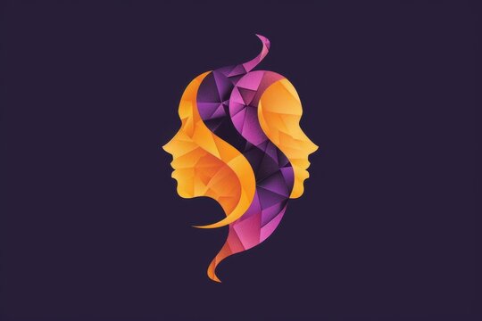 Abstract geometric low poly vector icon depicting two stylized human face profiles in vibrant orange and purple gradients on a dark background, ideal for psychology and branding.