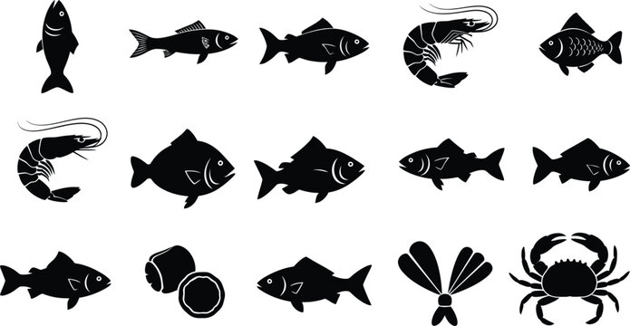 Black silhouette vector icon set of fish varieties featuring fresh water salmon tuna marine fauna steaks and seafood slices for product packaging