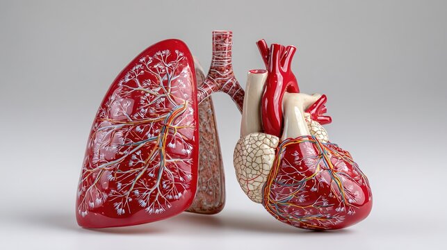 arteries. Anatomical models of red lungs and heart with clear vessels. STEM education sheets, lab safety posters, designed for biotech research communications, used by marketplace managers.