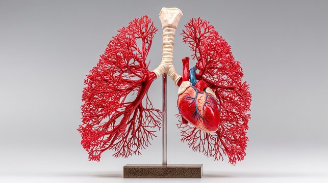 arteries. Anatomical models of red lungs and heart with clear vessels. STEM education sheets, lab safety posters, designed for biotech research communications, used by marketplace managers.