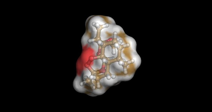 Artemether, sesquiterpene lactone endoperoxide antimalarial drug, 3D molecule spinning, 4K
