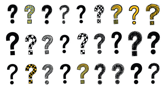 Variety of stylized question marks in black and gold colors with different textures and thicknesses for conceptual design and visual query.