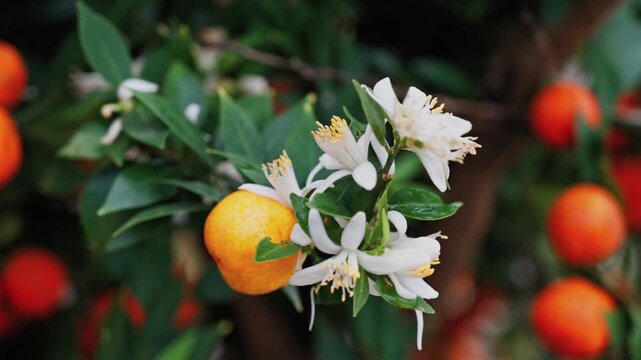 Close up motion of tangerines growing on tree with white blossoms and green leaves in soft focus background.