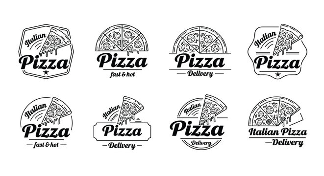 Selection of vintage pizza restaurant labels and logos featuring illustrations of pizza slices with Italian text and fast delivery themes.