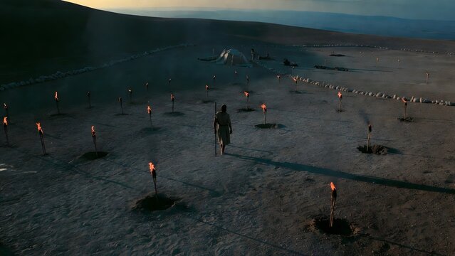 A solitary biblical leader walking through a field where several planted torches remain dark despite the coming night, an open hillside camp boundary with scattered stones and sleeping forms in the di