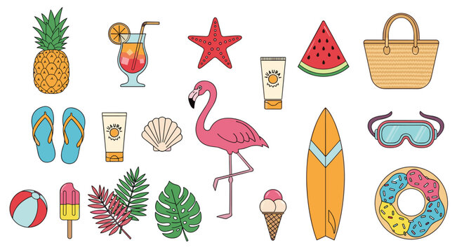 Fun collection of colorful summer beach icons including a pineapple, flamingo, surfboard, ice cream, and vacation accessories.