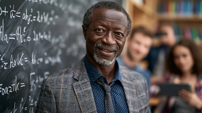 Ugandan mathematician at a university chalkboard deriving equations for a graduate seminar, students photographing his notation style with tablets, his homeland academic training visibly shaping his