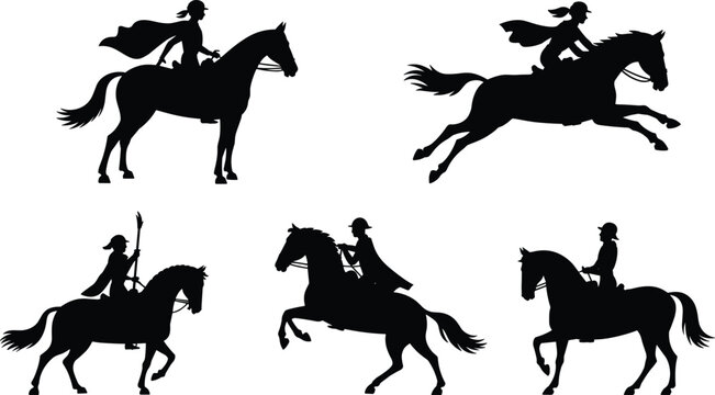 Horse Rider Silhouette Collection Featuring Equestrian Women Riding and Jumping Horses Vector Illustration Set