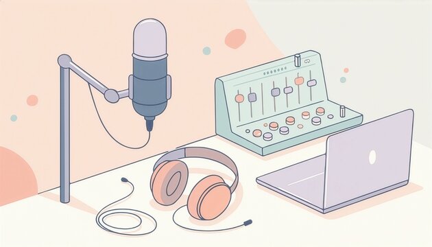Podcast, music recording studio setup with microphone, headphones, mixing console, and laptop. Ideal for podcasters, music producers, and sound engineers.