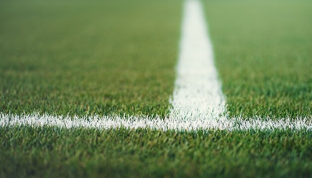 Close Up of White Line Markings on Green Soccer Field Grass, Ai generated