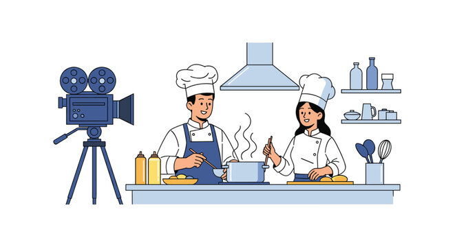 Professional male and female chefs cooking a meal in a modern kitchen while being filmed by a video camera for a culinary show or vlog.