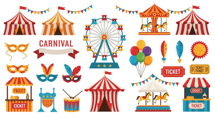Naklejka premium Carnival scene with colorful tents and rides