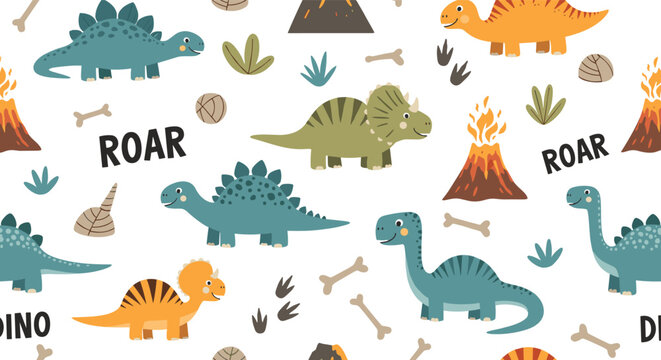Playful seamless pattern featuring various dinosaur species, active volcanoes, and ancient bones on a white background.