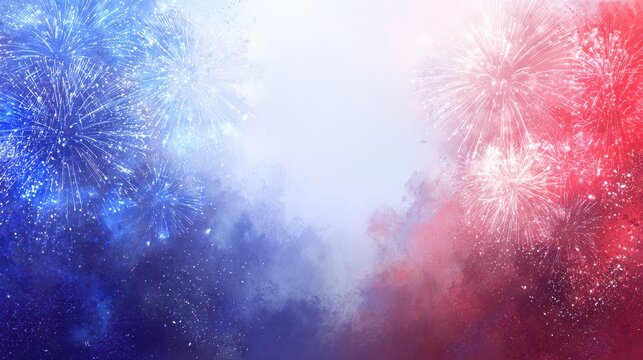 Red white and blue fireworks explode in a night sky over watercolor background.