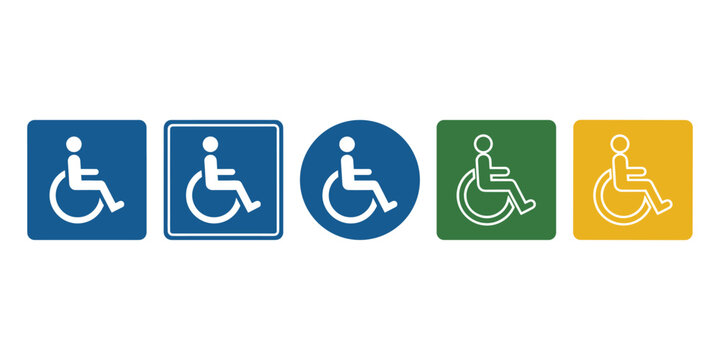 Wheelchair accessibility symbols in blue, green, and yellow