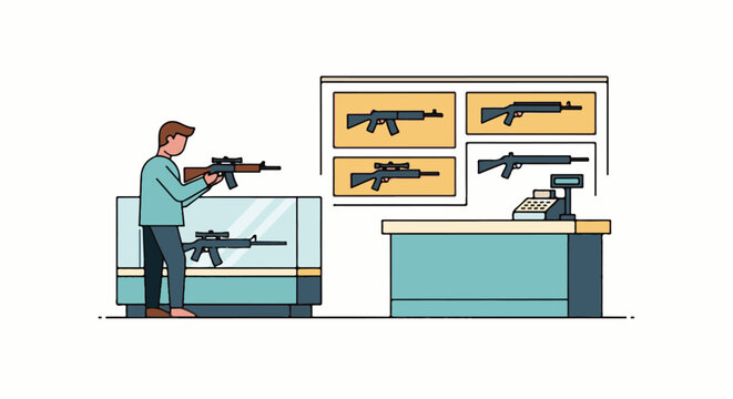 Person examines firearms in a shop display case and on shelves