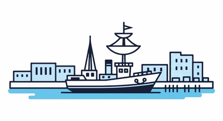 Fototapeta premium Stylized illustration of a boat docked in a harbor with city buildings