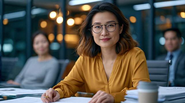 Middle-aged Filipino software architect at a corporate campus reviewing H1B sponsorship paperwork spread across a glass conference table, colleagues observing quietly, company legal team documents s