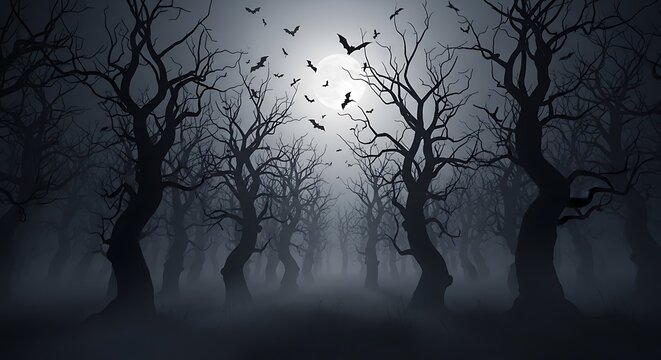 Spooky forest with bats flying under a full moon at night illustration