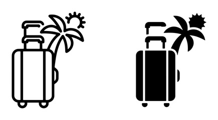 Vacation Travel Icons: Suitcase, Palm Tree, Sun. Set of two minimalist vector graphics for holiday and journey themes. © Rakib