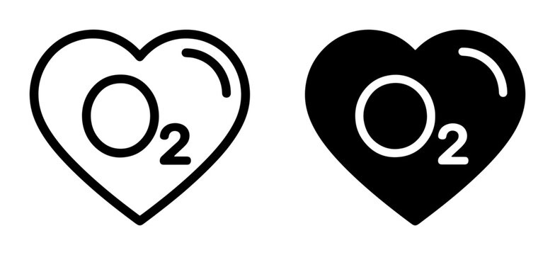 Oxygen Heart Icons, O2 Symbol in Heart Shape, Medical Health Care, Science and Biology, Vector Graphics