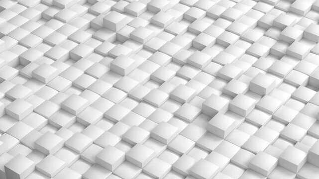 Seamless loop of abstract 3D white cubes moving up and down with procedural noise wave effect