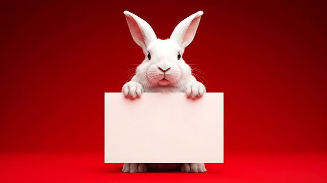 White rabbit holding a blank white sign on a red background. Cute bunny posing with a placeholder card for custom messages. Festive mockup for Easter greetings or holiday marketing campaigns.