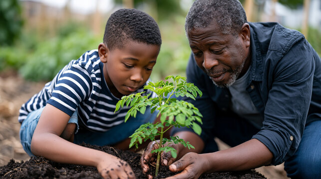 Senegalese father and son planting a moringa tree in a community garden plot during World Environment Day morning activities, the father explaining the tree's medicinal uses in their homeland villag