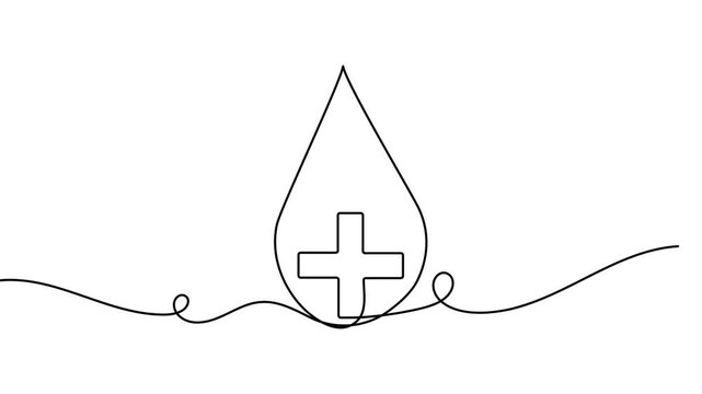 Medical cross inside blood drop sign icon continuous one line drawing on white background minimalist modern donation concept symbol 4k animation video