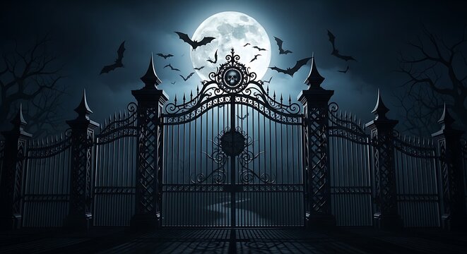 Old iron gate in front of a full moon with flying bats illustration