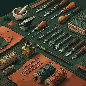 Leatherworking tools and supplies flat design illustration