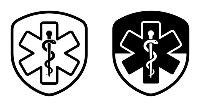 Star of Life Medical Emblem, Caduceus Symbol, Emergency Healthcare Shield Icons, Black and White Vector Graphics for Health Services
