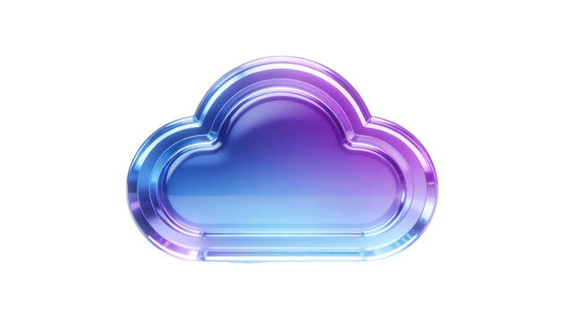 3D glass cloud computing icon with purple and blue neon gradient reflections, digital technology concept